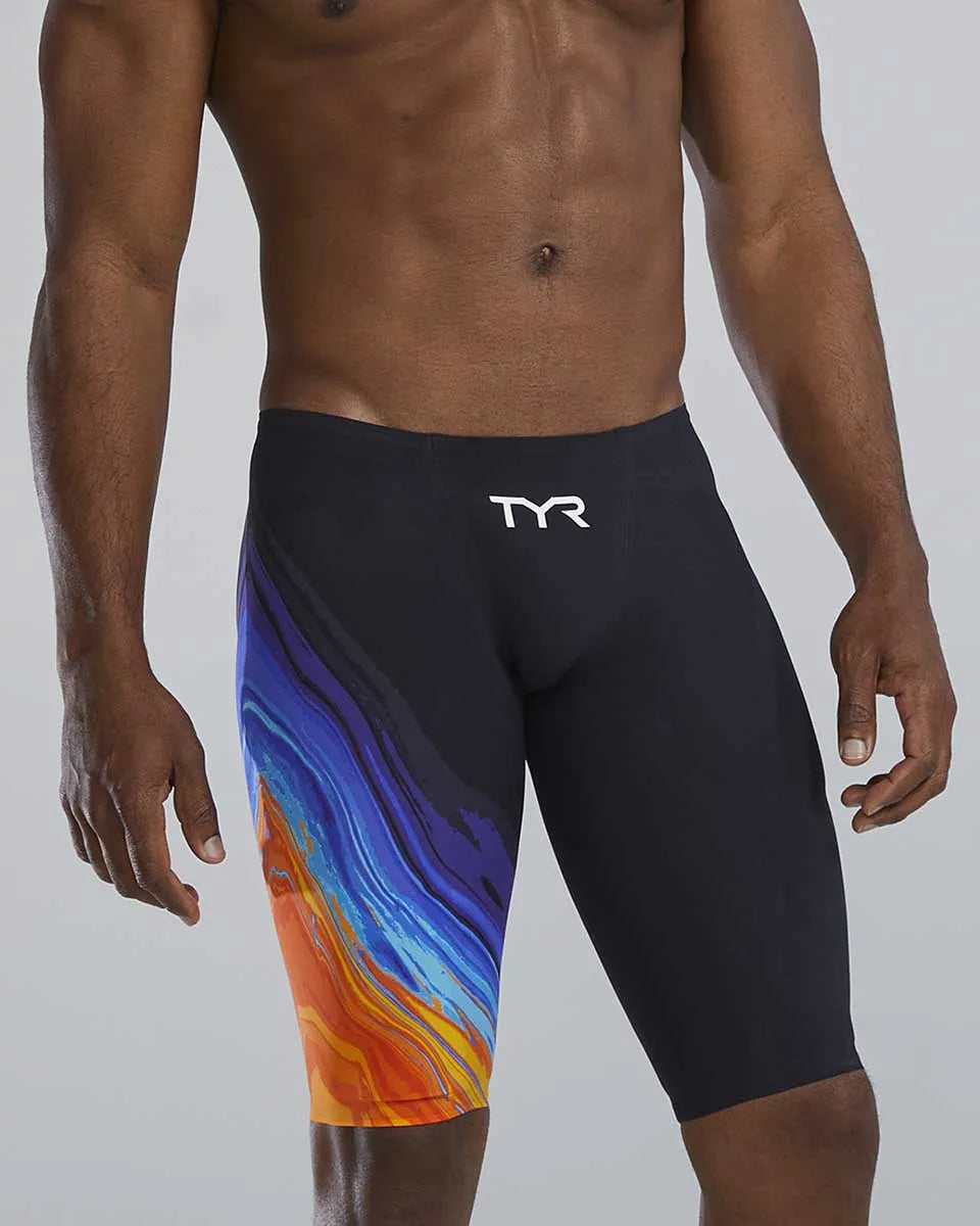 TYR men's Venzo Volconyx low-waisted swimming jammers in orange and navy, designed for competitive swimwear.