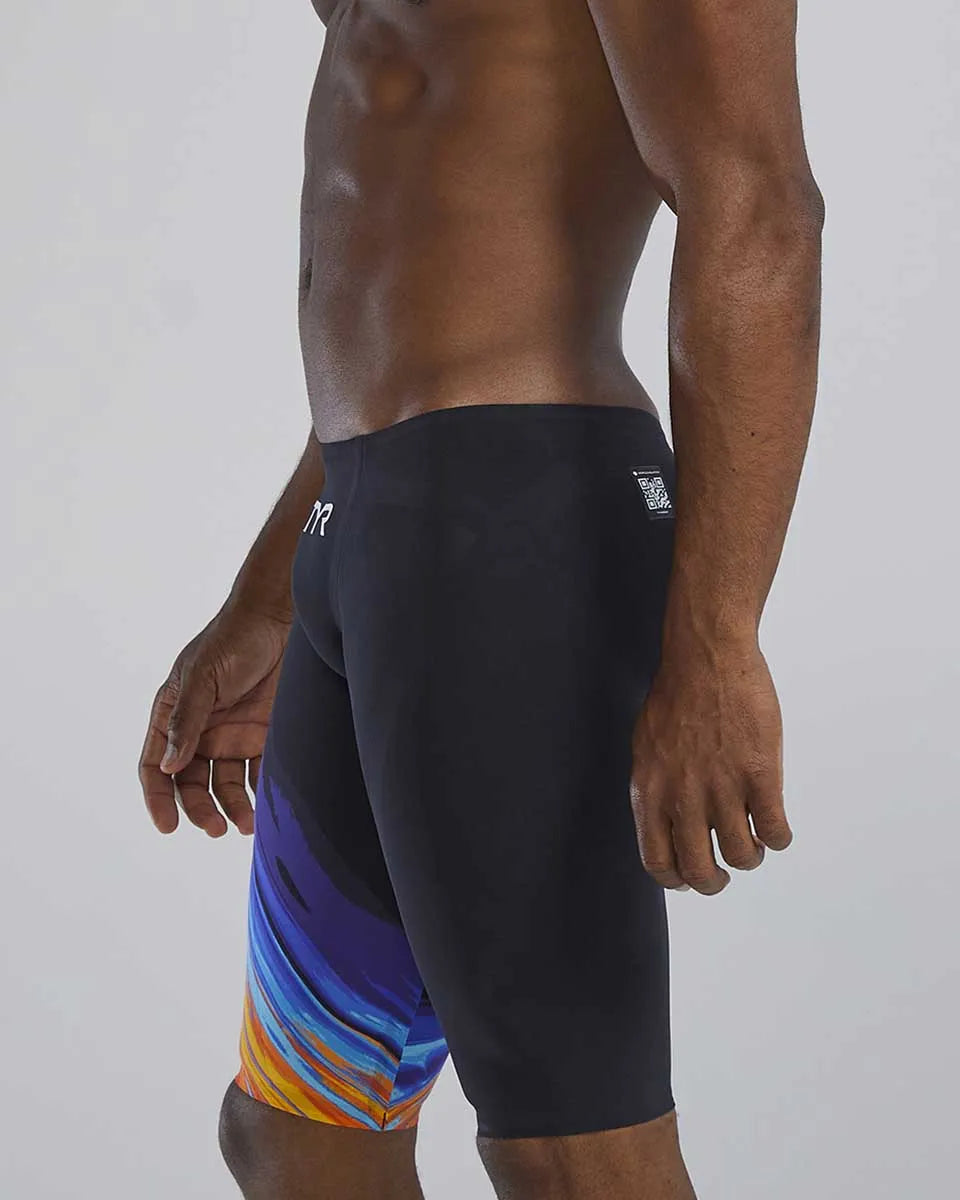 TYR men's Venzo Volconyx low-waisted jammer in orange and navy, designed for competitive swimming.
