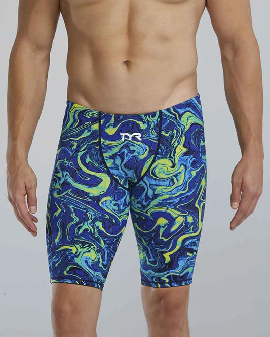 TYR men's Thresher Hyperblitz jammer in blue and green, featuring sleek design and durable fabric for competitive swimming. 960