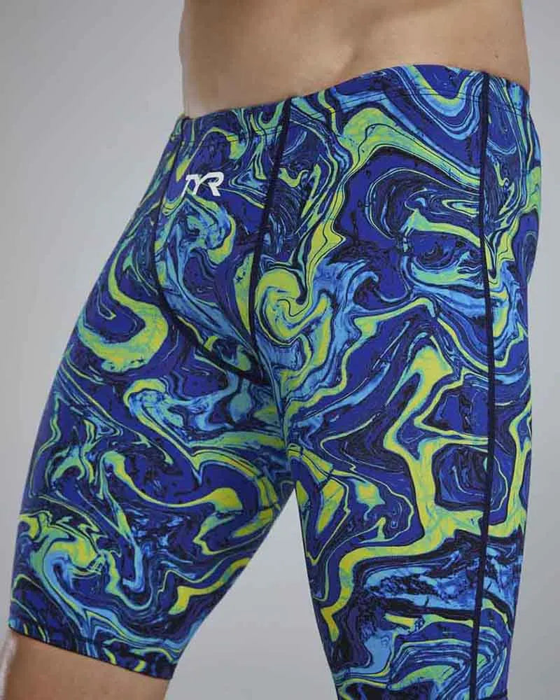 TYR men's Thresher Hyperblitz jammer swimwear in blue and green with sleek, form-fitting design for competitive swimming.