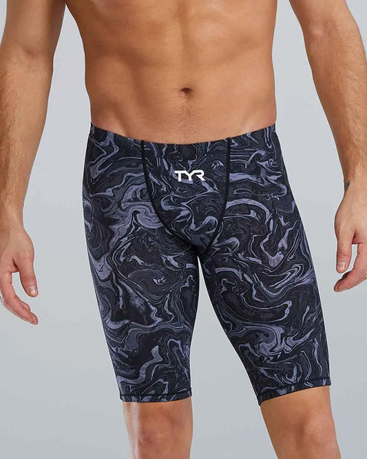 TYR men's Thresher Hyperblitz jammer in titanium fabric, showcasing the sleek, fitted swimwear design for competitive swimming. 960