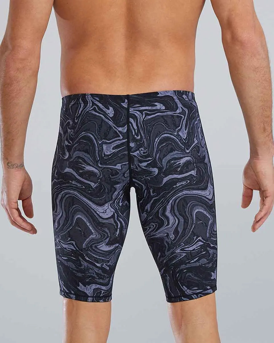 TYR men's Thresher Hyperblitz jammer in titanium, close-up view of the men's swim jammer with TYR branding and sleek design.