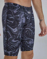 TYR men's Thresher Hyperblitz jammer in titanium, close-up view of the fitted swim jammer for competitive swimming.