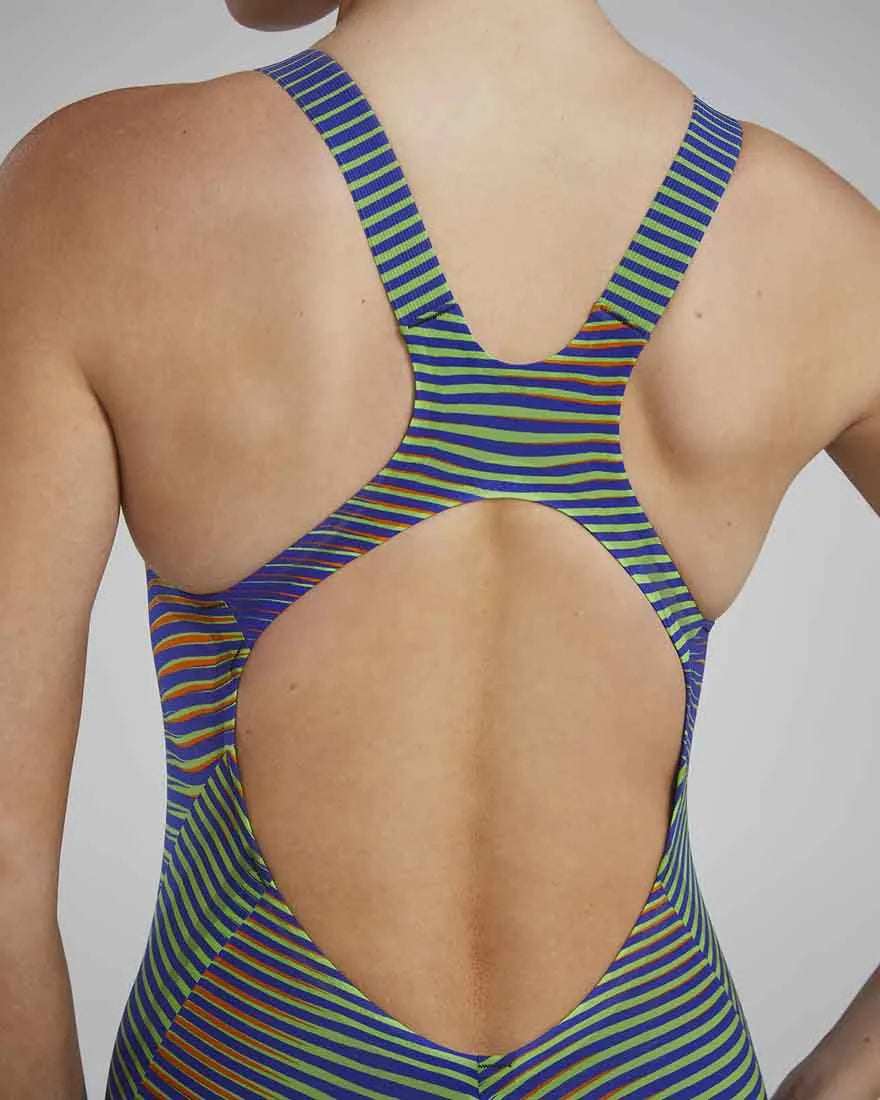 TYR Women's Avictor 2.0 Luminis open-back kneeskin wetsuit in electric lime, featuring sleek design and smooth fit for swimming.