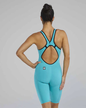 TYR Womens Venzo Openback Kneeskin swimsuit in aqua, designed for competitive swimming, featuring a sleek open back and comfortable fit.