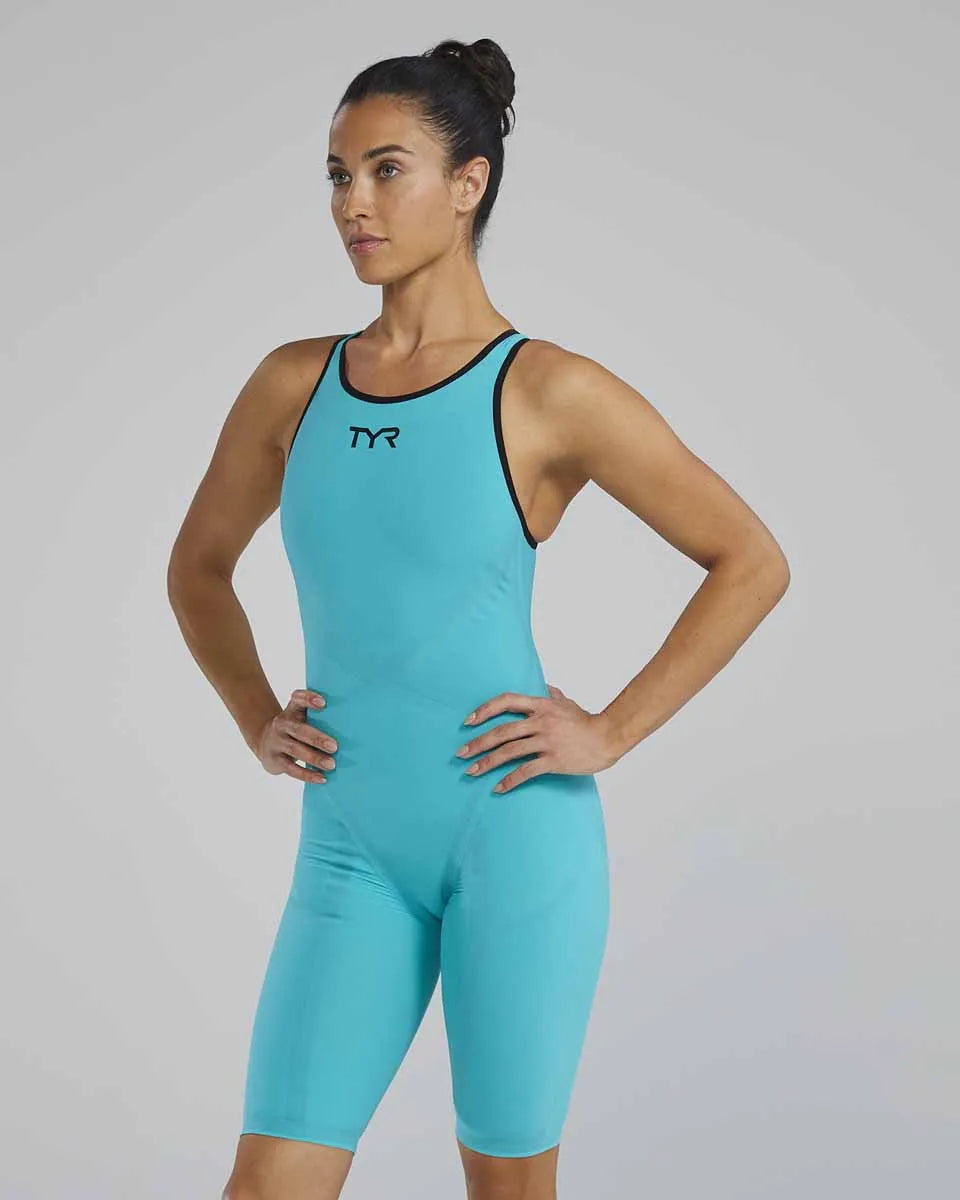TYR Womens Venzo openback kneeskin in aqua, wetsuit-style kneesuit with open back for enhanced flexibility and swimming performance.