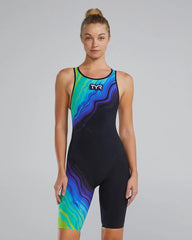 TYR Womens Venzo Volconyx openback kneeskin in lime and navy, featuring a sleek design for competitive swimming.