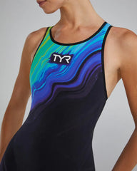 TYR Women's Venzo Volconyx open-back kneeskin swimsuit in lime and navy, designed for competitive swimming.