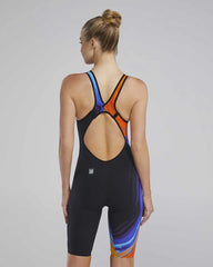 TYR Womens Venzo Volconyx open-back kneeskin in orange and navy, featuring a sleek design for competitive swimming.