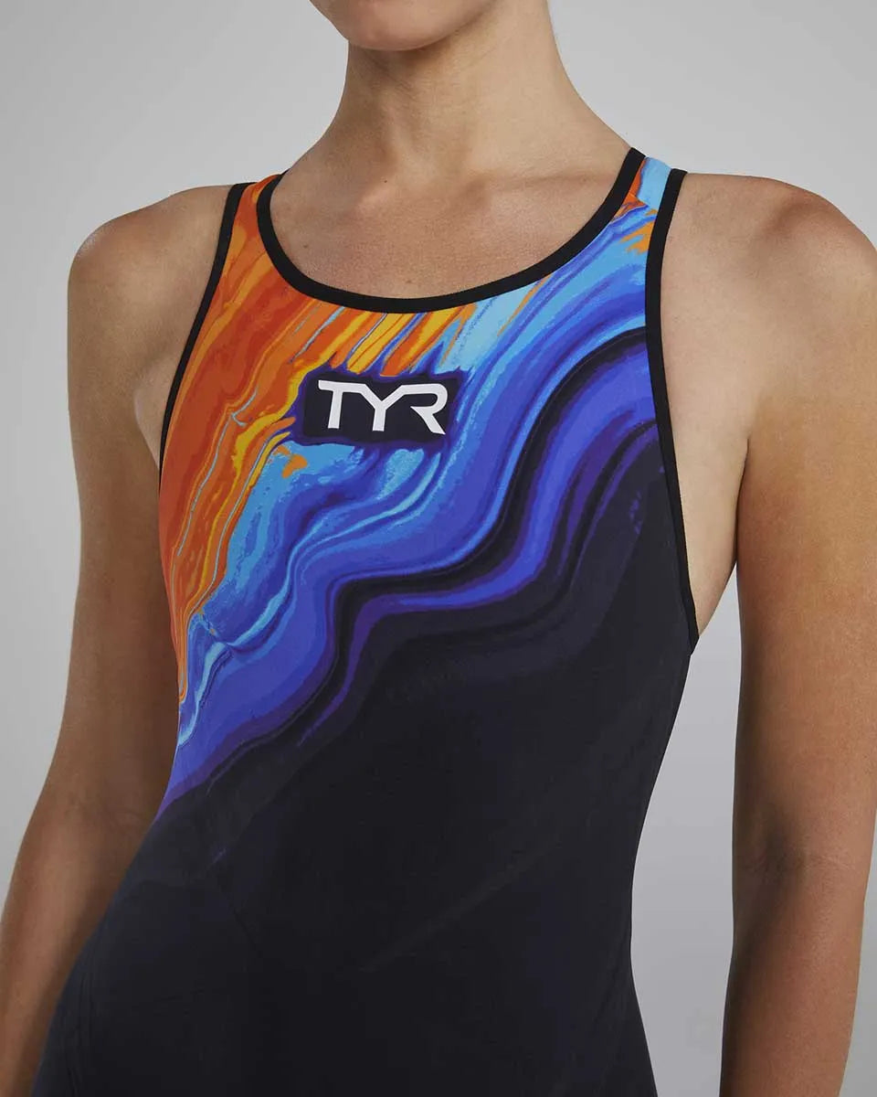 TYR Womens Venzo Volconyx open-back kneeskin swimsuit in orange and navy, designed for competitive swimming performance.