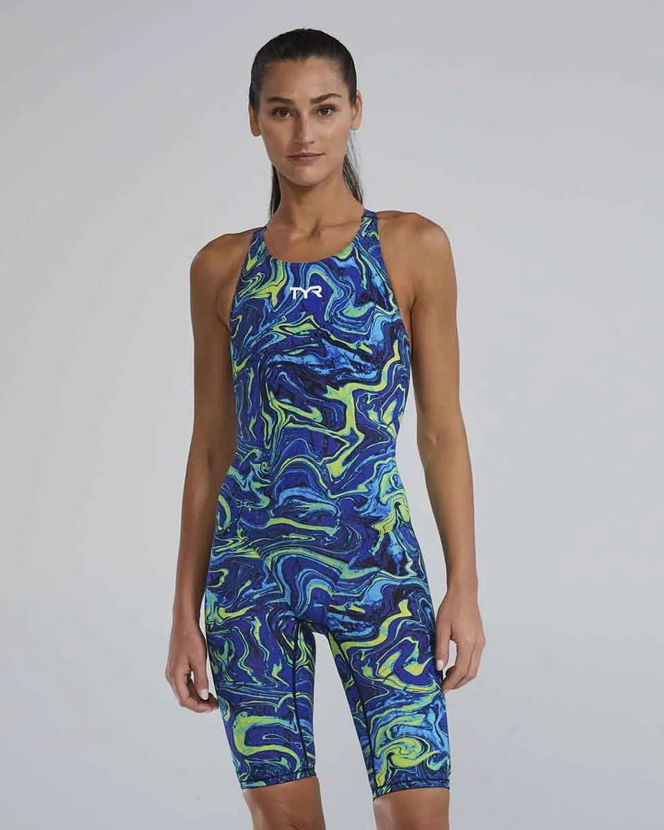 TYR Women's Thresher Hyperblitz openback kneeskin in blue and green, designed for competitive swimming and performance.