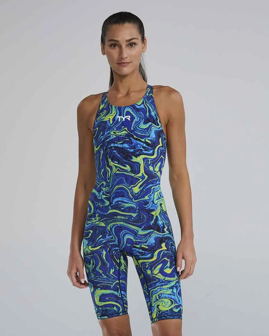 TYR Women's Thresher Hyperblitz openback kneeskin in blue and green, designed for competitive swimming and performance. 960