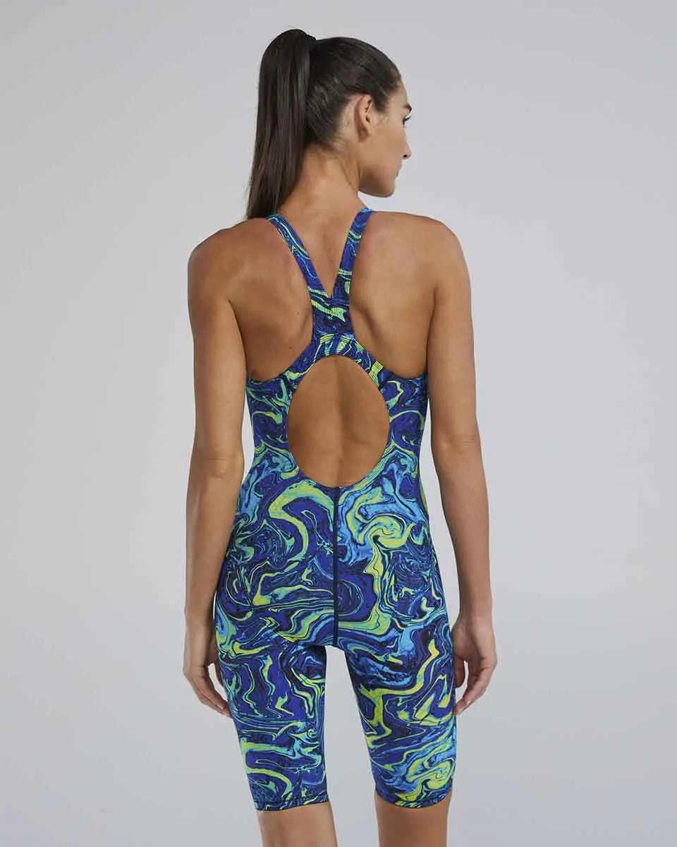 TYR Women's Thresher Hyperblitz openback kneeskin in blue and green, close-up of the sleek, fitted swimming kneesuit for women.