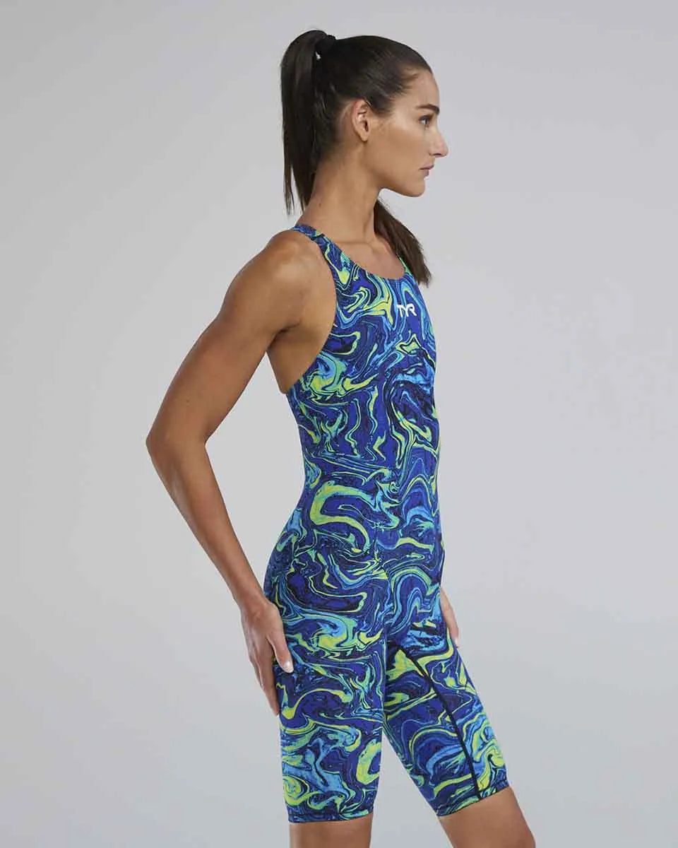 TYR Women's Thresher Hyperblitz openback kneesuit in blue and green, showcasing its sleek design and open-back style.
