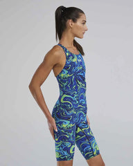 TYR Women's Thresher Hyperblitz openback kneesuit in blue and green, showcasing its sleek design and open-back style.