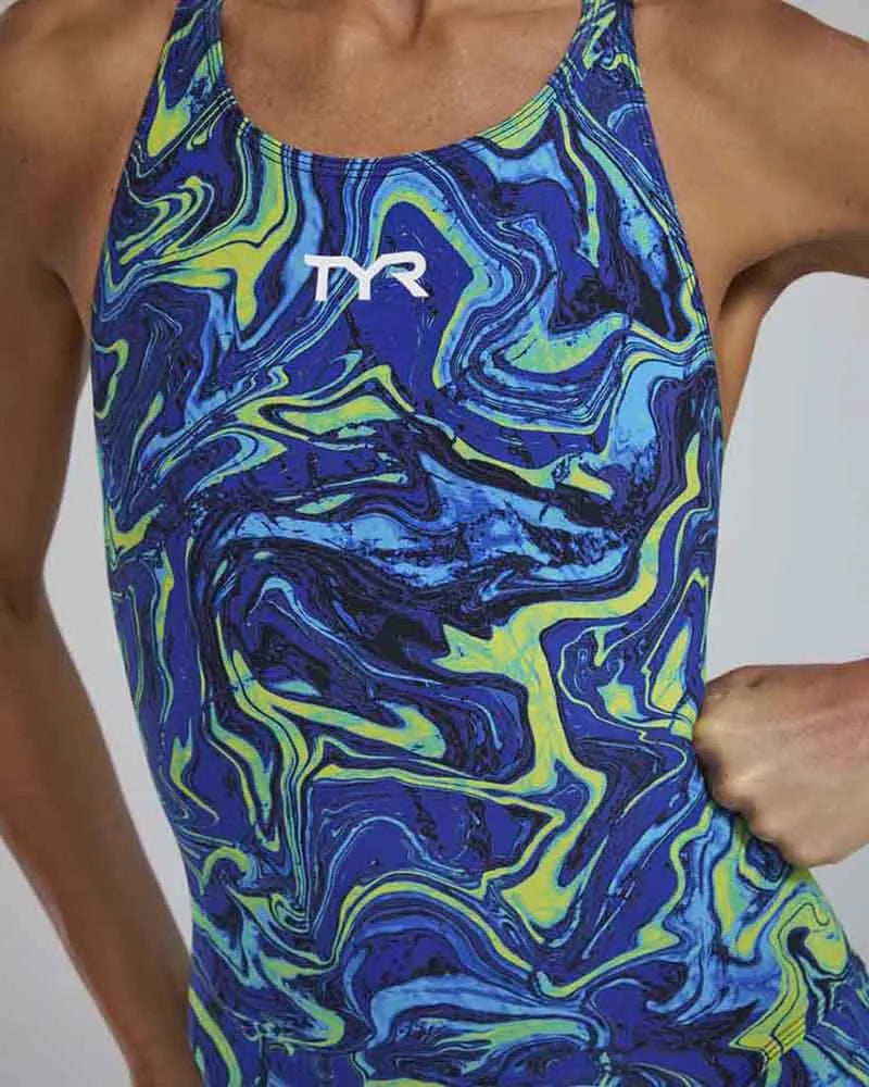 TYR Womens Thresher Hyperblitz openback kneeskin in blue and green, featuring a sleek design and comfortable fit for competitive swimming.