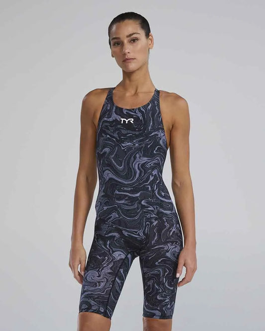 TYR Women's Thresher Hyperblitz openback kneeskin in titanium, showcasing sleek design and fit for competitive swimming. 960