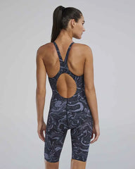 TYR Womens Thresher Hyperblitz openback kneeskin in titanium, close-up of sleek swimwear fabric and design details.