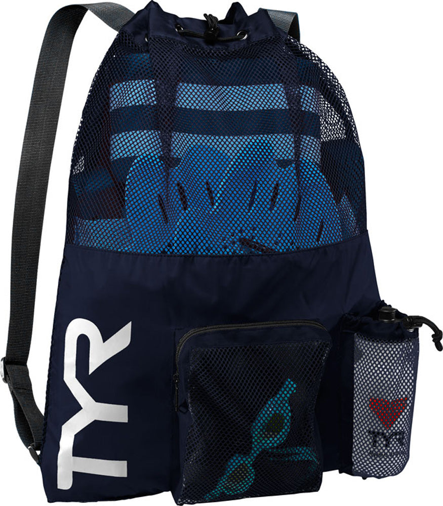 TYR Big Mesh Mummy Backpack in navy, a spacious mesh bag with sturdy straps, ideal for swimming gear or gym use.