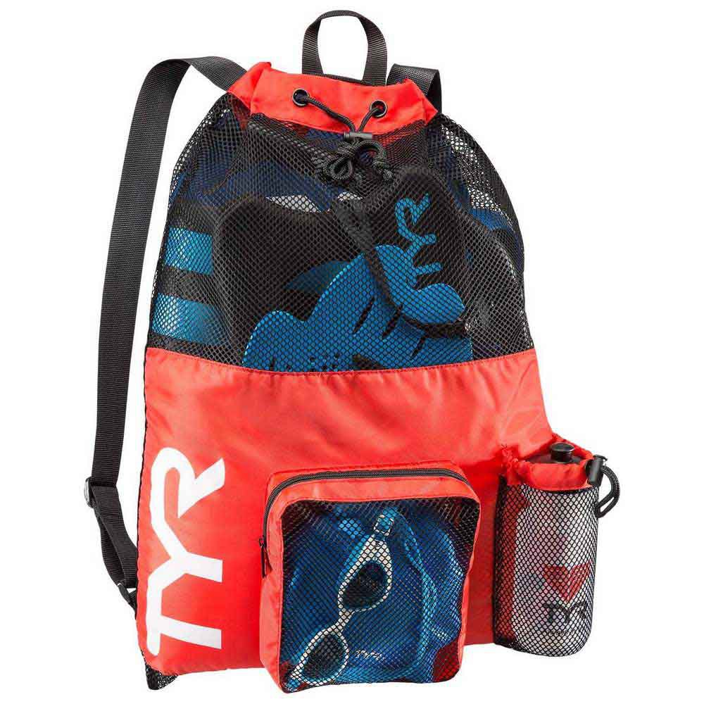 Red TYR Big Mesh Mummy Backpack, a large mesh bag with adjustable straps and spacious interior for swimming gear storage.