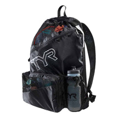 Black TYR Elite Mesh Backpack, durable mesh bag with adjustable straps and spacious main compartment suitable for sports and travel.