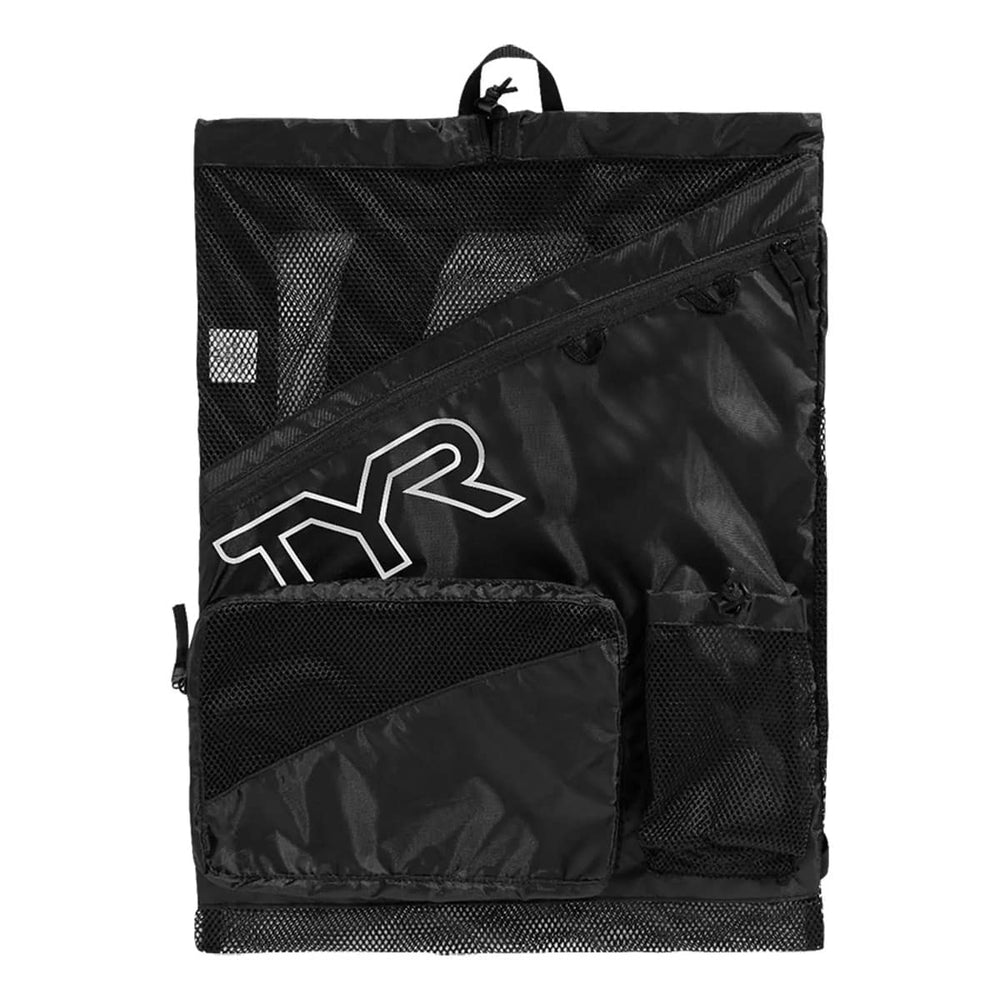 Black TYR Elite Mesh Backpack, durable mesh bag with adjustable straps and multiple compartments for sports and travel use.