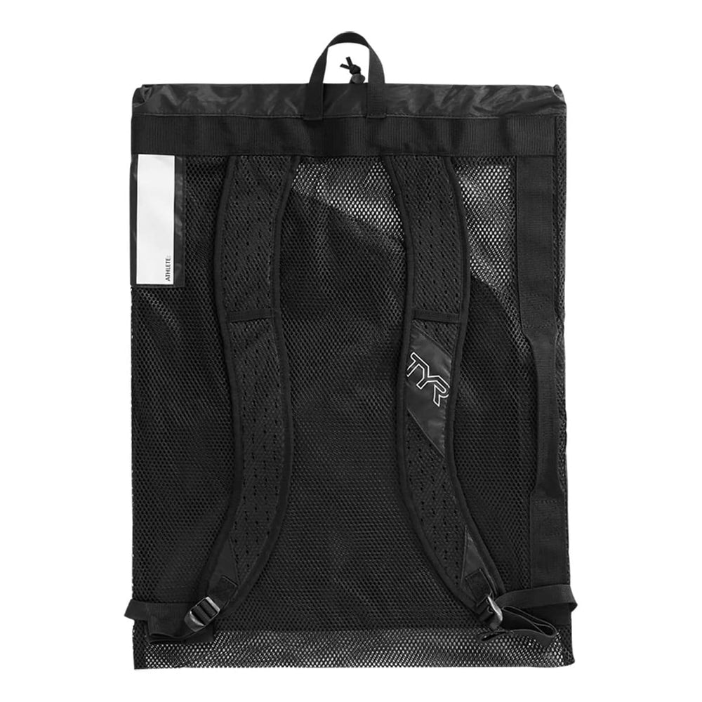 Black TYR Elite Mesh Backpack showing a spacious mesh storage bag with adjustable straps and a sturdy zipper closure.