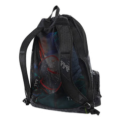 Black TYR Elite Mesh Backpack with adjustable straps and multiple compartments for sports gear and swimming equipment.