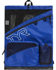 Royal blue TYR Elite Mesh Backpack, a durable mesh bag with adjustable straps and spacious interior for sports and gym use.