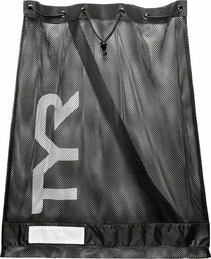 Black TYR Mesh Equipment Bag with multiple compartments for swim gear and accessories, lightweight and durable.