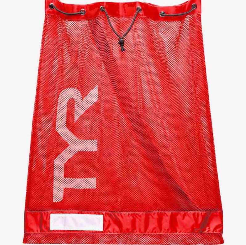 Red TYR Mesh Equipment Bag with breathable mesh design for versatile sports gear storage.