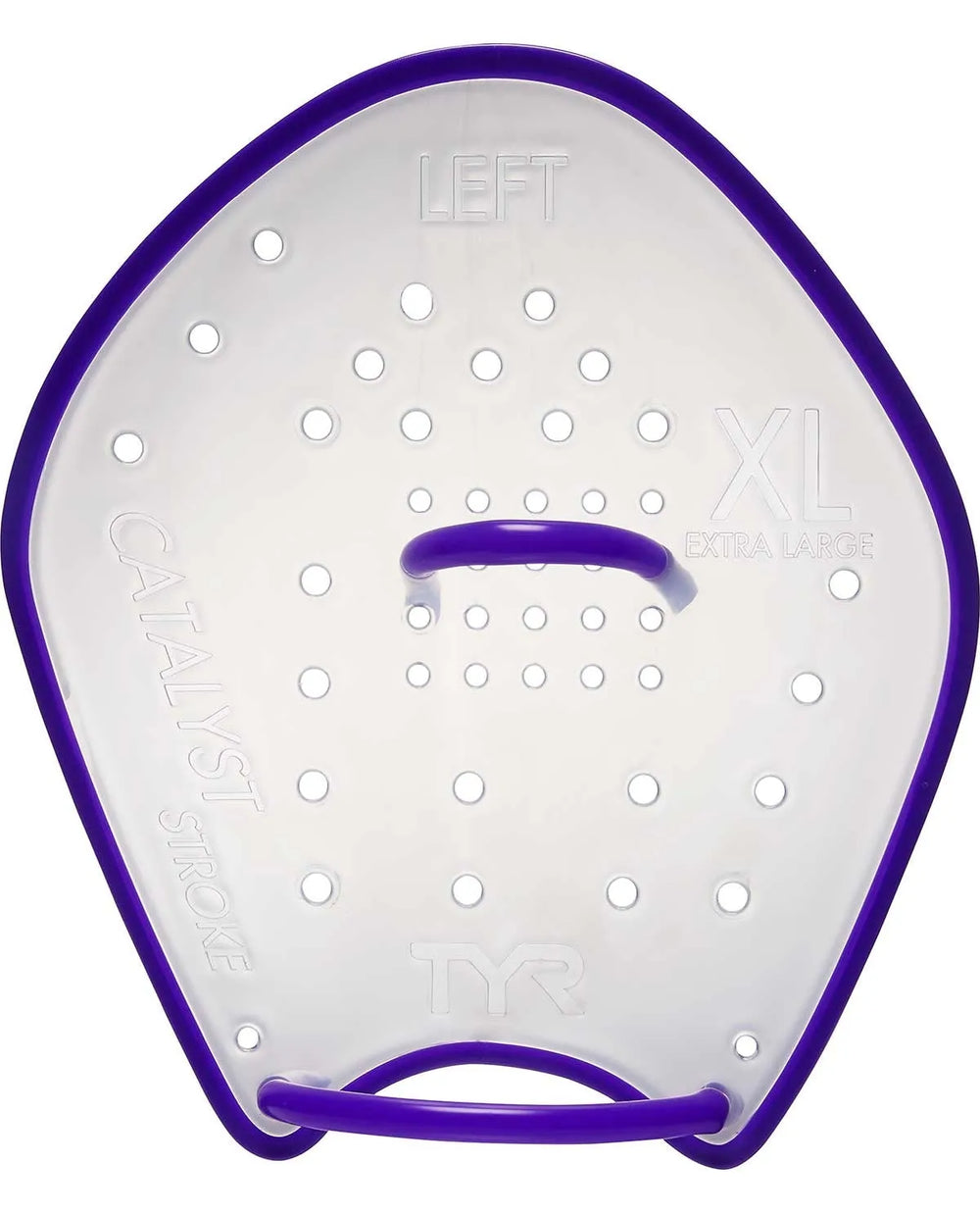 TYR Catalyst Stroke Training Paddle in clear plastic for swimming, with adjustable straps and ergonomic design for swim training.