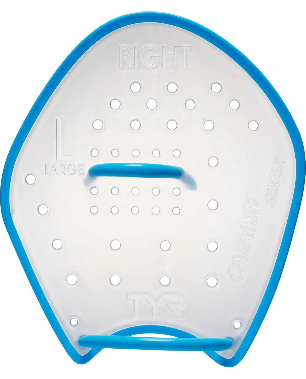 Clear TYR Catalyst Stroke Training Paddle for swim training, showing its lightweight design and ergonomic grip.