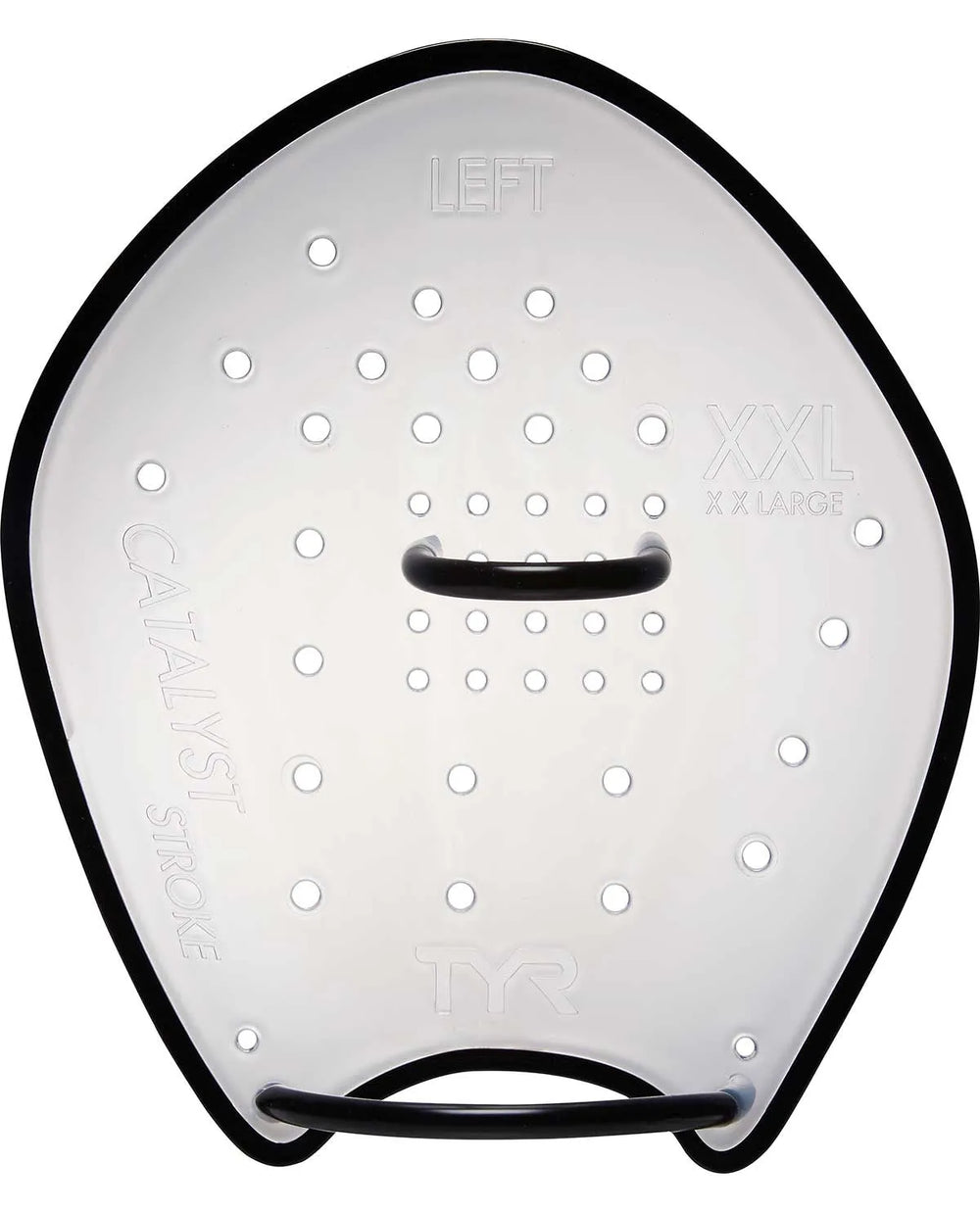 Clear TYR Catalyst Stroke Training Paddle for swim training, showing a lightweight, ergonomic design with adjustable straps.