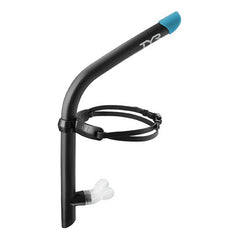 Black TYR Ultralite Snorkel 2.0 with adjustable mouthpiece and streamlined design for comfortable snorkeling.