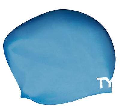 Blue TYR long hair silicone swimming cap with wrinkle-free design, ideal for protecting long hair during swimming.