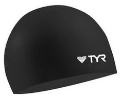 Black TYR wrinkle-free silicone swimming cap designed for comfortable, secure fit during swimming.