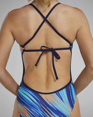 TYR Riptidal Crosscut tieback swimsuit in teal and orange, featuring a sleek design and supportive fit for swimming and water sports.