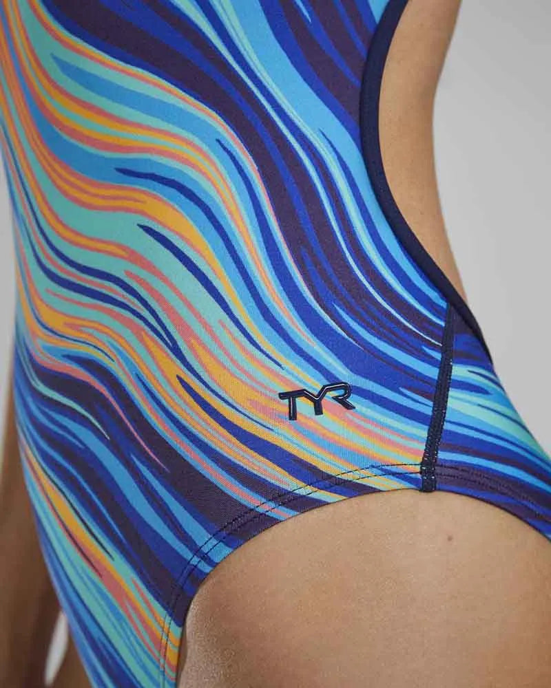 TYR Riptidal Crosscut Tieback Swimsuit in teal and orange, featuring a stylish design and secure tieback for active swimming.