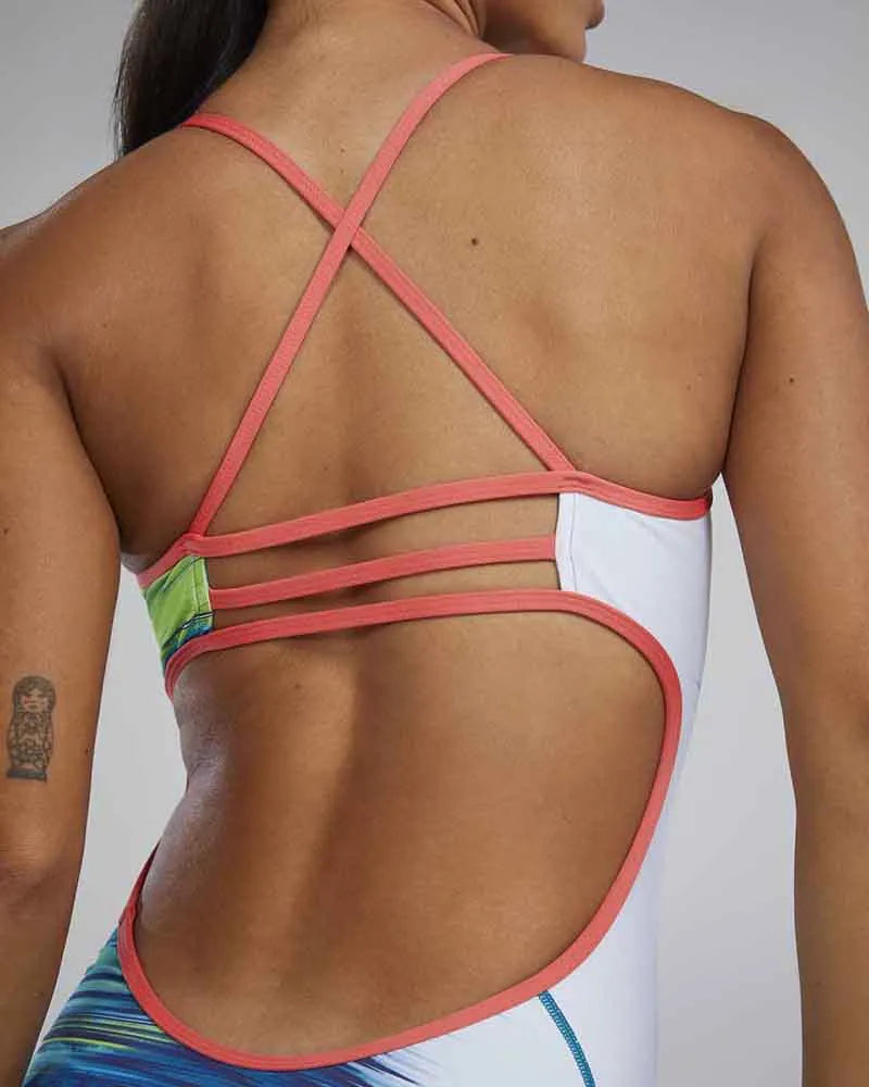 TYR Women's Bravura Trinityfit swimsuit in white with colorful patterns, designed for performance and comfort in the water.