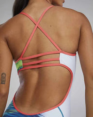 TYR Women's Bravura Trinityfit swimsuit in white with colorful patterns, designed for performance and comfort in the water.