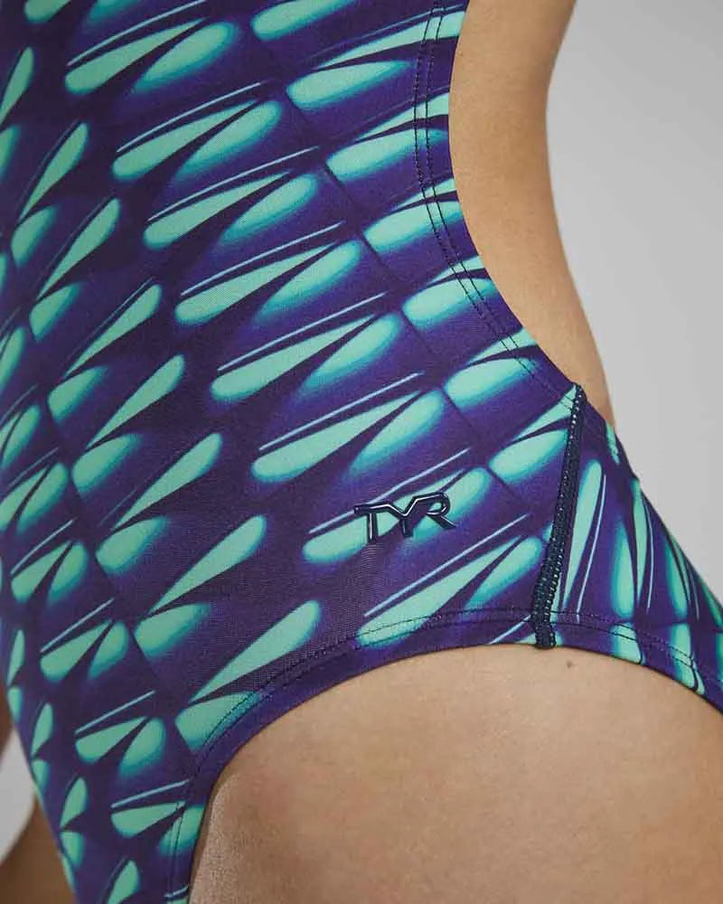 TYR Women's Dragonflyte Cutoutfit Swimsuit in green and navy, showcasing a stylish one-piece design with cutout details.