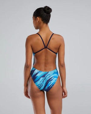 TYR women's Mico Cutoutfit swimsuit in quartz, featuring a sleek design with cutout details for active swimming and beachwear.