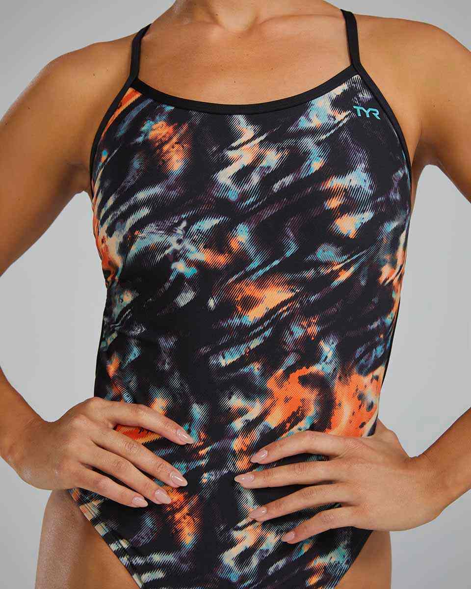 TYR Womens Validus Crosscutfit Tieback Swimsuit - Orange/Aqua/Black | Allens Of Kingsbury