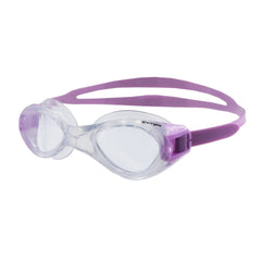 Vorgee Exceed Clear Lens Goggle in clear and light purple, designed for swimming with adjustable straps and a comfortable fit.