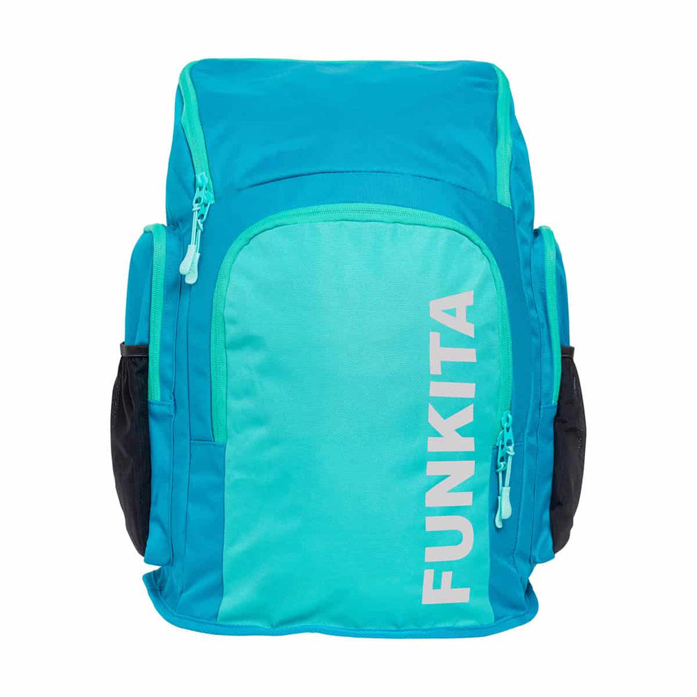 Funkita Mint Machine Space Case backpack in mint and blue with space-themed design and adjustable straps.