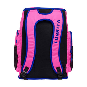 Funkita Tidal Blast Space Case Backpack in pink and purple with space-themed design and adjustable shoulder straps.