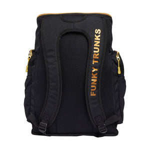 Way Funky Black Attack Space Case Backpack in black and gold with space-themed design and multiple compartments.
