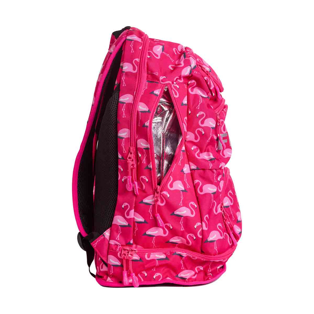 Pink Way Funky Flaming Go GOs Elite Squad backpack featuring colorful flaming design and adjustable straps.
