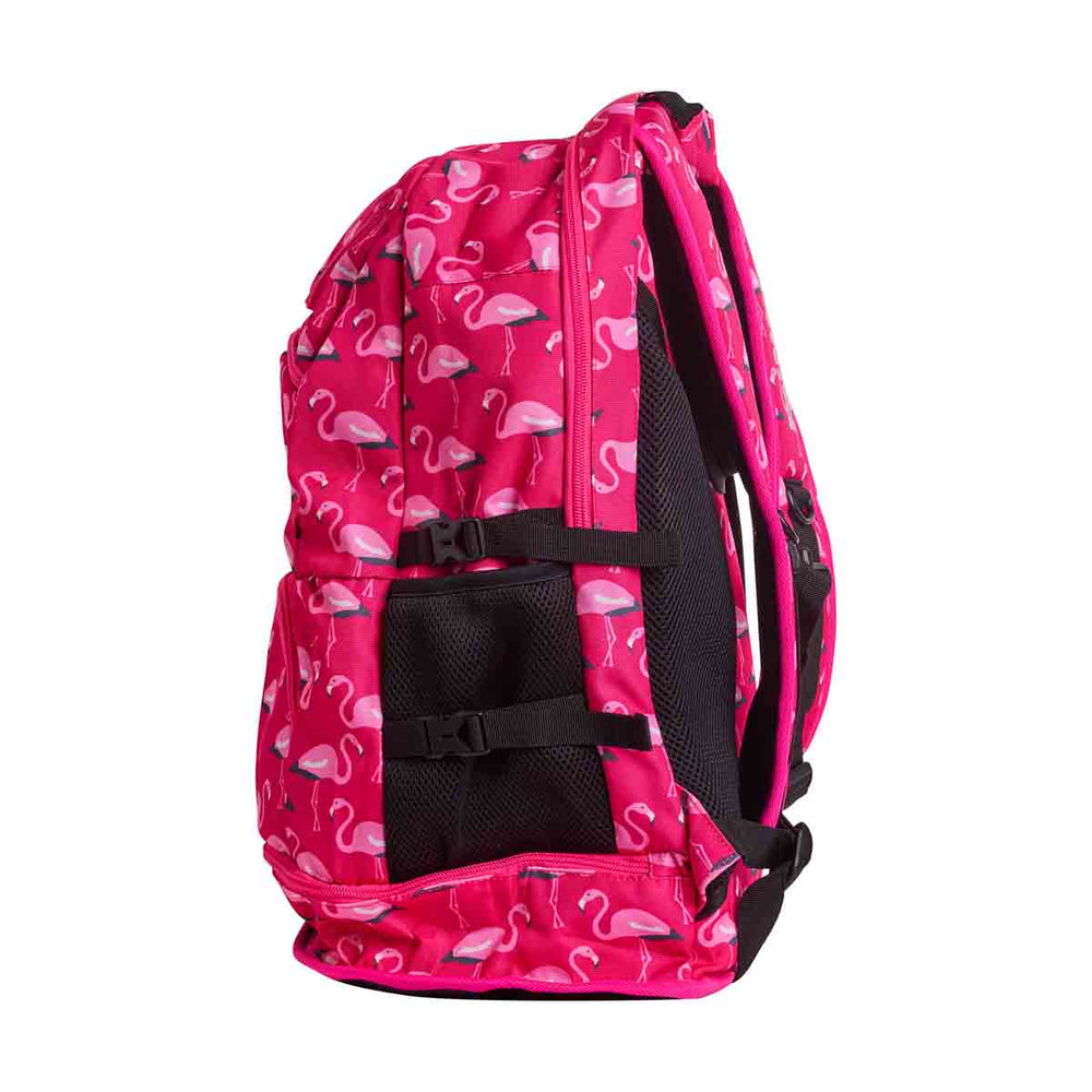 Pink Way Funky Flaming Go Gos Elite Squad backpack with vibrant flaming design and adjustable straps.